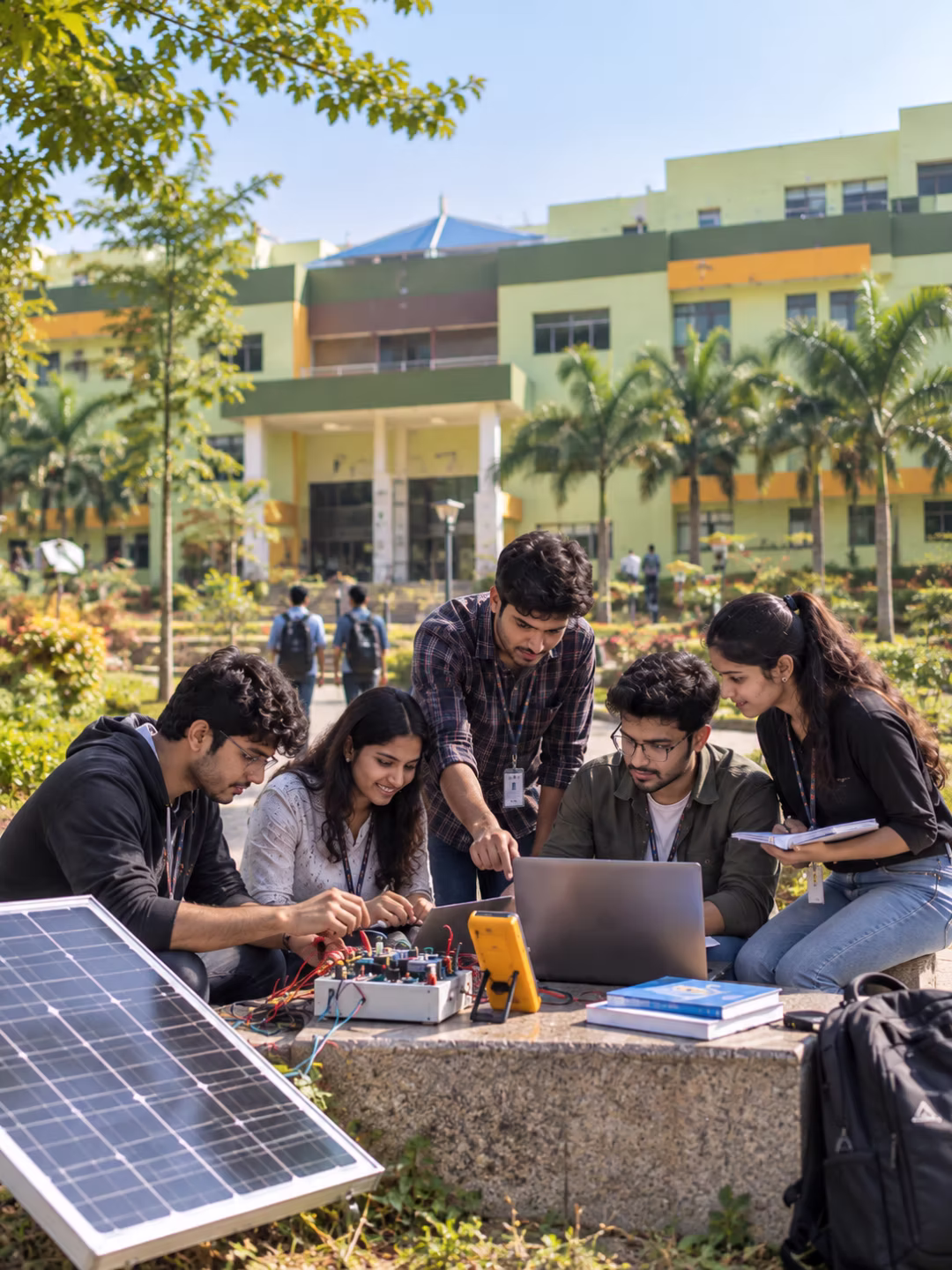 Students operating industrial electrical panels and motor test benches at MIET