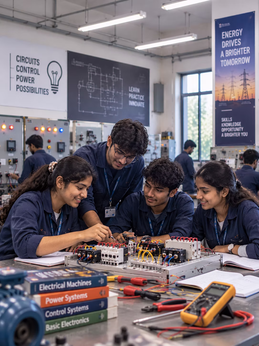 Diploma students operating industrial control panels and transformers at MIET