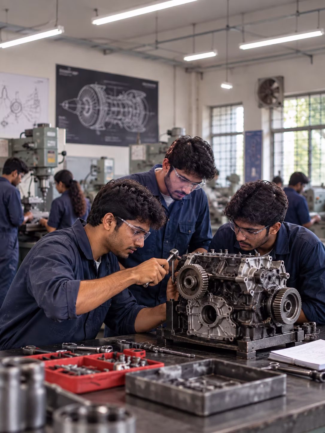 Diploma students operating industrial lathes and shaping machines at MIET